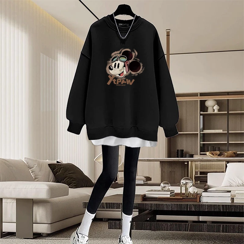 假两件圆领卫衣女2026秋冬新款中长款盖遮屁股加绒加厚拼接上衣