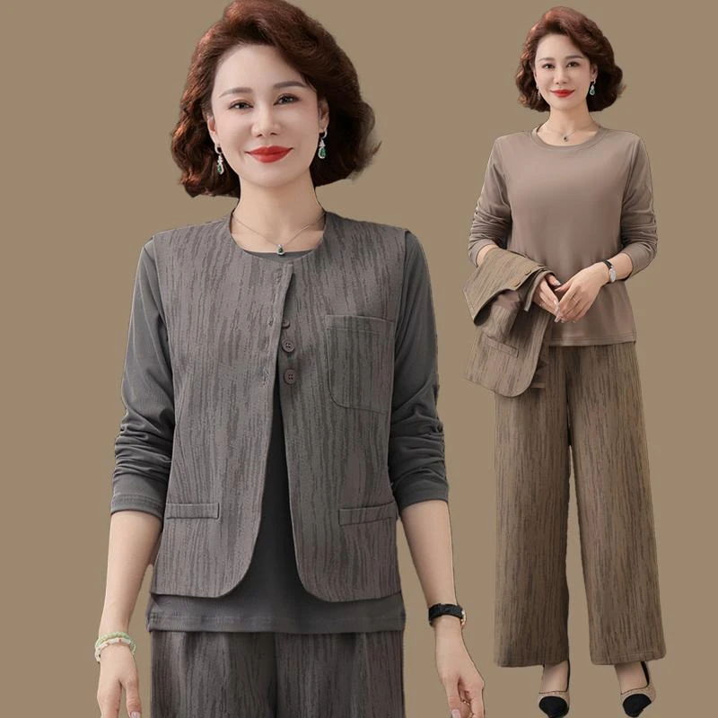50岁妈妈春装时尚套装洋气2025新款中老年春秋中年妇女气质三件套