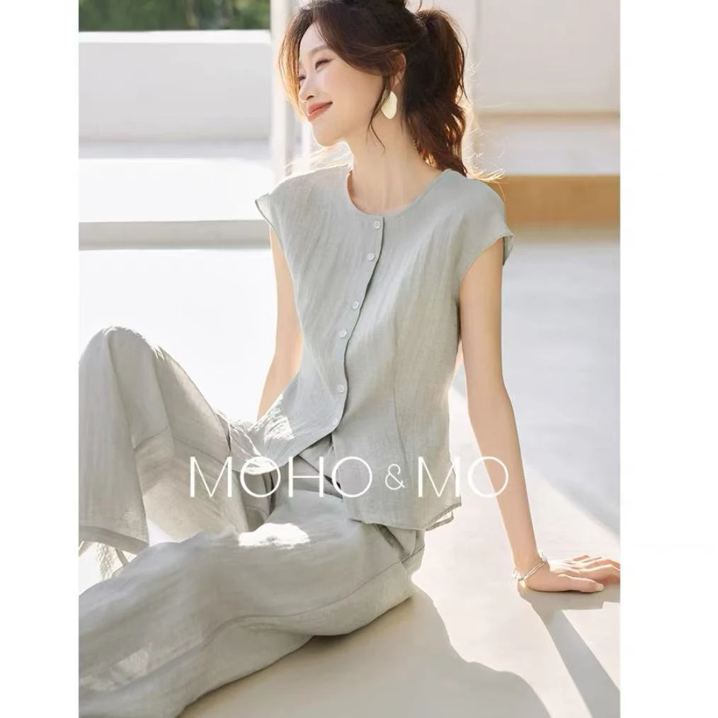 【厂家直销】通勤圆领松弛感显瘦无袖两件套2025夏新款套装气质2613