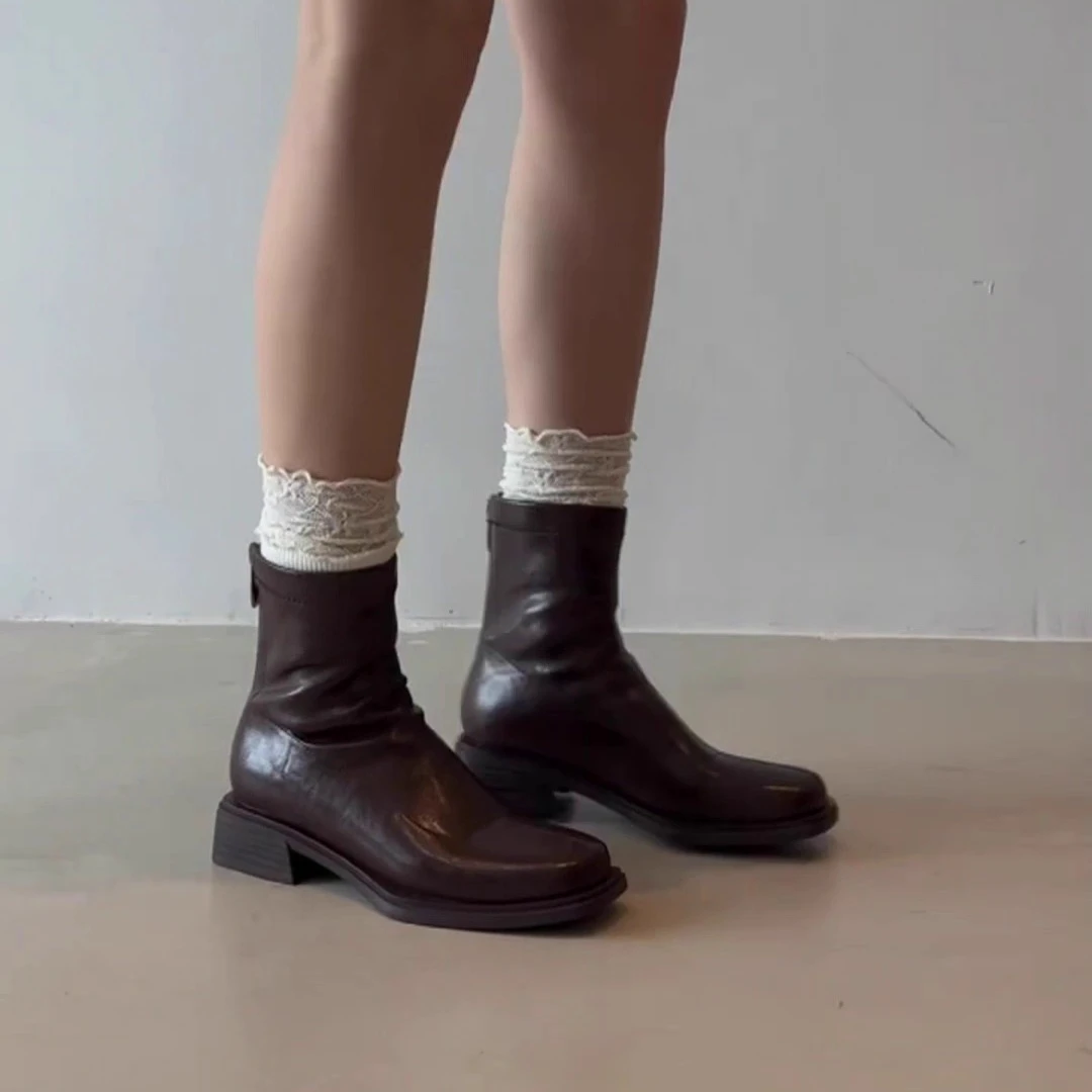 全羊皮~2025新款短靴女棕色靴子平底马丁靴切尔西复古瘦瘦靴