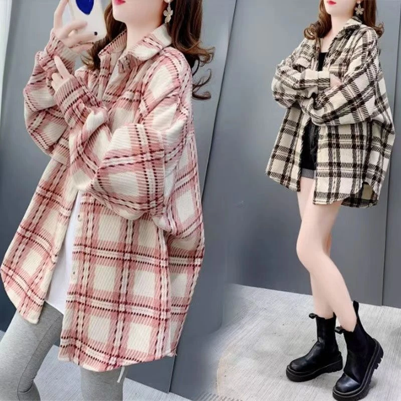2025时尚百搭好看加厚磨毛格子衬衫女秋冬装港味复古加厚外套大码