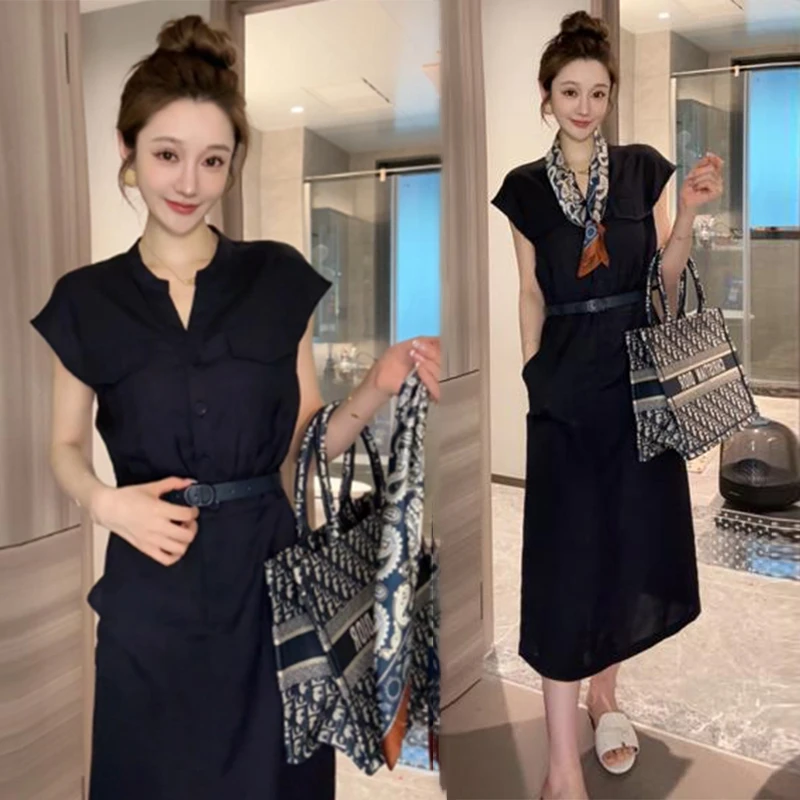 夏季天丝亚麻减龄气质收腰显瘦长裙女下摆开叉连衣裙送腰带洋气