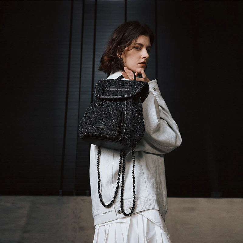 INJOYLIFE游牧小背包磨绒丹宁学院风双肩包雪花纹理小众设计包