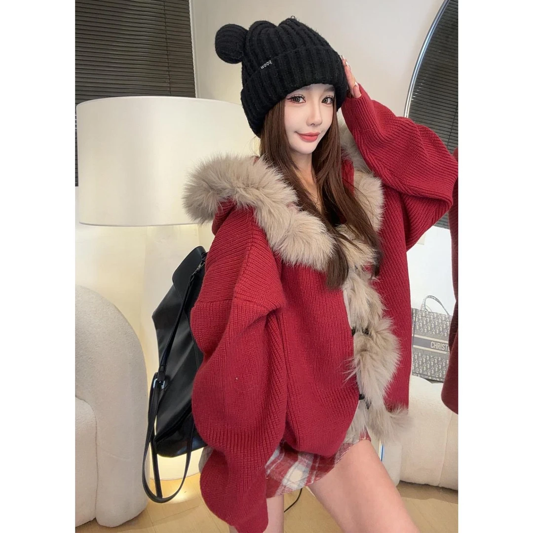 【圣诞礼宴】韩系设计感大毛领连帽毛衣外套女装冬季慵懒风保暖针织