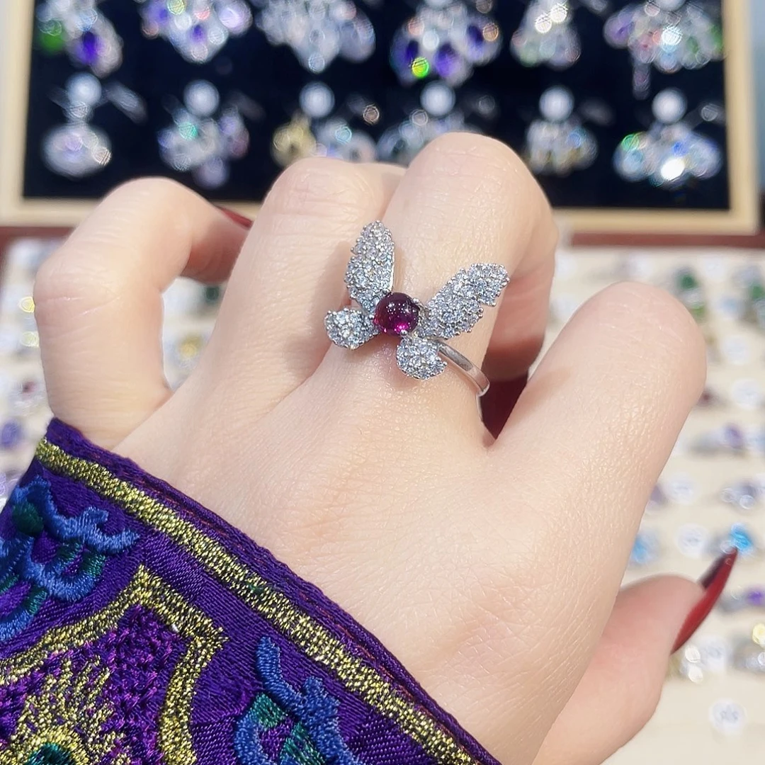 戒指石榴石银S925镶嵌戒指