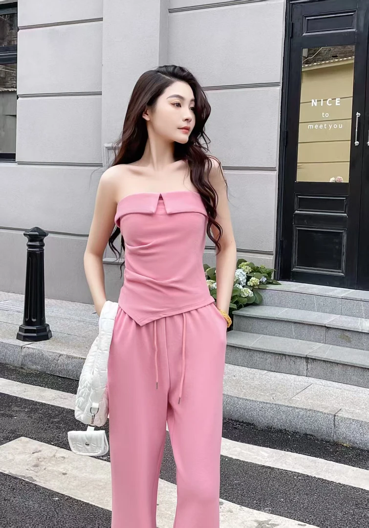 M25时尚套装裤女阔腿长裤气质辣妹性感纯欲不规则抹胸裤子两件套