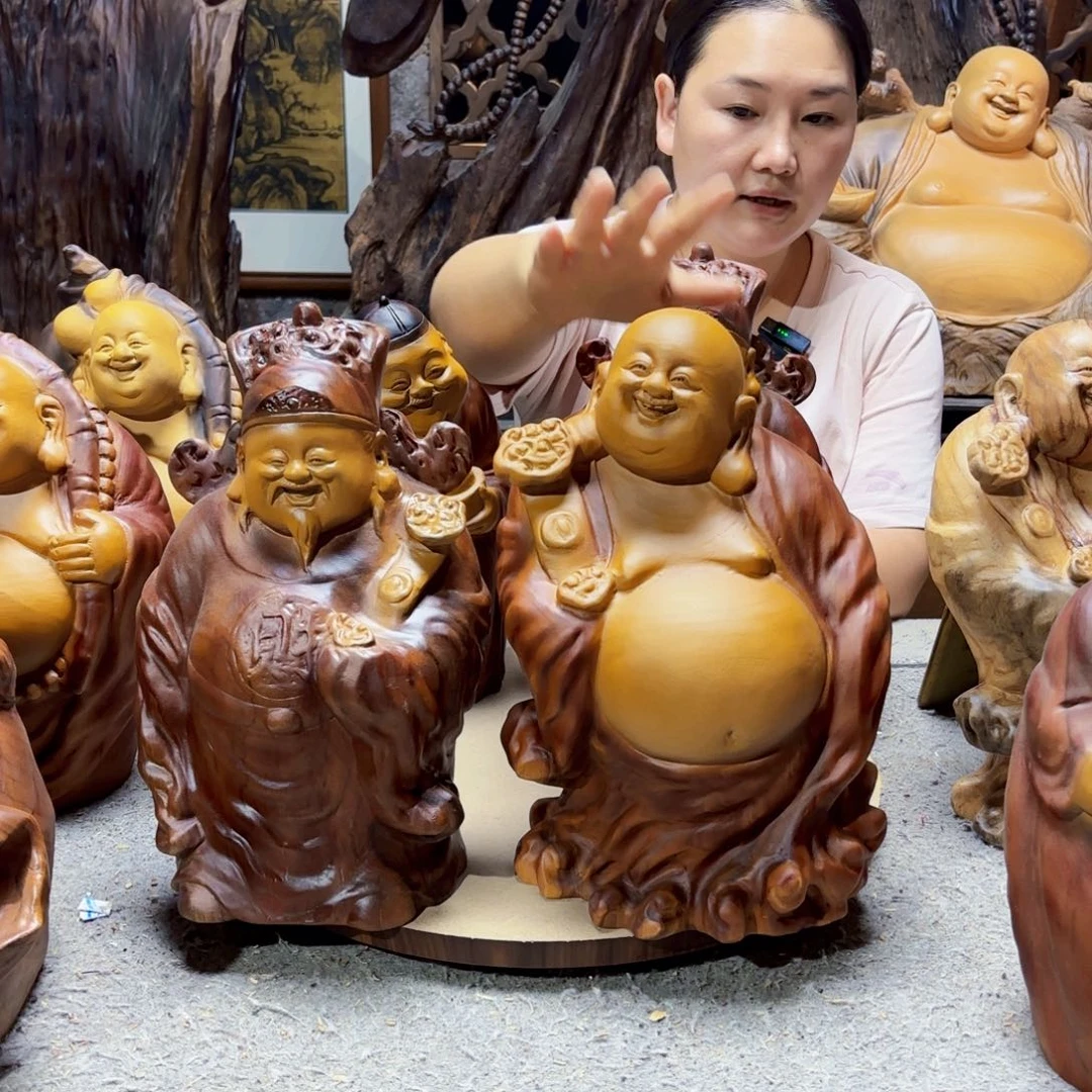 落****香樟木财神爷弥勒佛两个