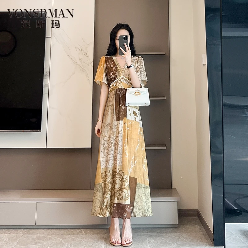 2025新款女装夏季气质修身长款过膝连衣裙女雪纺印花法式长裙子女