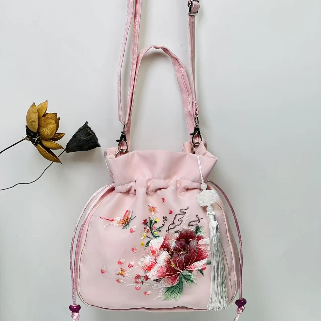 （粉色）蝶戏牡丹大包苏绣非遗刺绣零钱钥匙化妆品杂物古装包