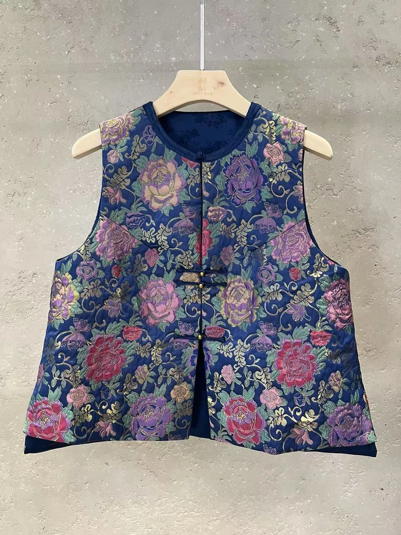 Li Wang/里望设计师款  新中式圆领盘扣绣花云锦马甲