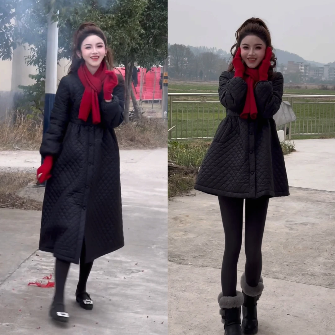 小魔女•韩版绗缝夹棉蓬蓬菱格黑色加厚保暖潮服