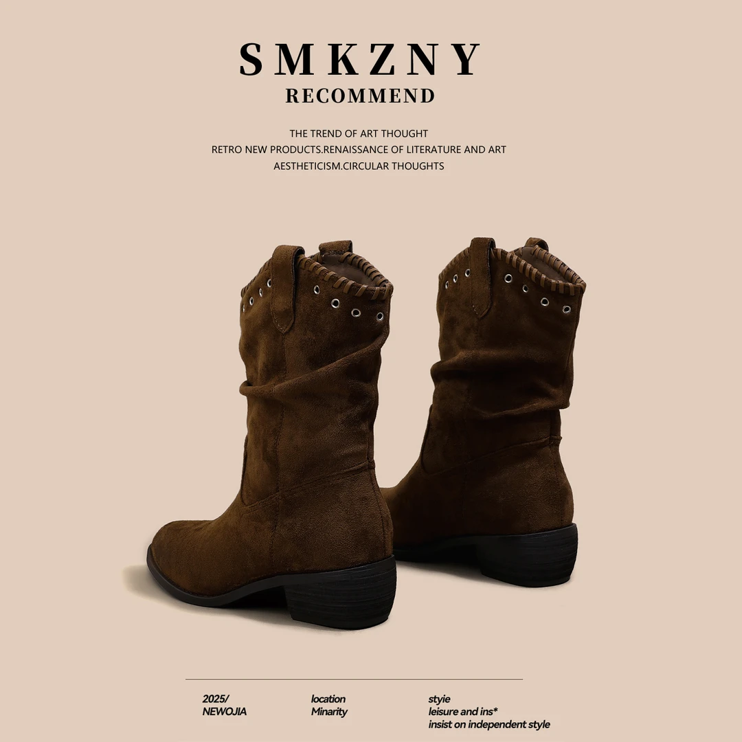 粗跟中筒马丁靴子女2025新款绒面套筒女靴褶皱时尚复古西部牛仔靴