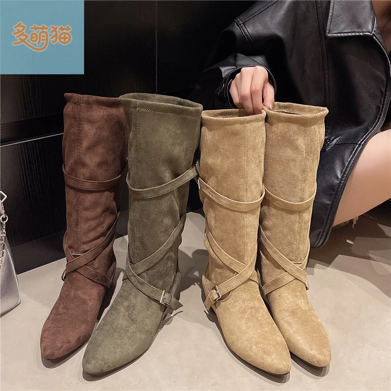 复古美拉德尖头内增高平底靴子女长筒靴2025新款秋季显瘦骑士长靴