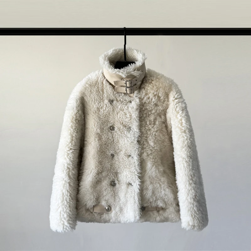 JL2541托斯卡纳皮毛一体外套女短款真皮羊羔毛双排扣皮草