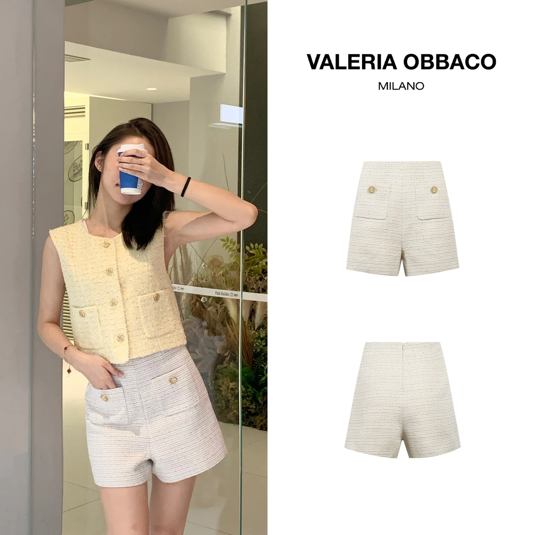VALERIAOBBACO/瓦莱丽娅 奥贝科气质显瘦米白色小香风高腰短裤