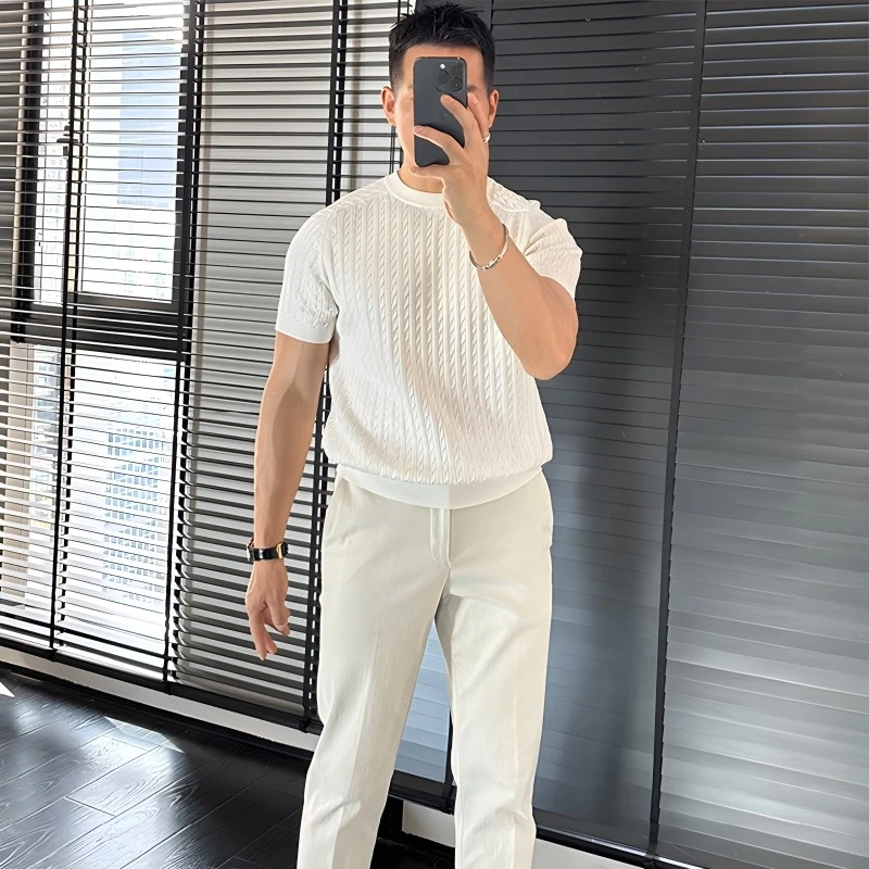 螺纹纯色针织短袖男士休闲高级感夏季帅气商务修身弹力针织POLO衫