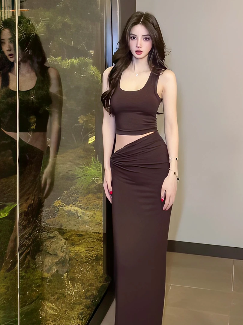 【包邮】纯欲风时尚复古气质辣妹设计感背心半身裙套装显瘦修身