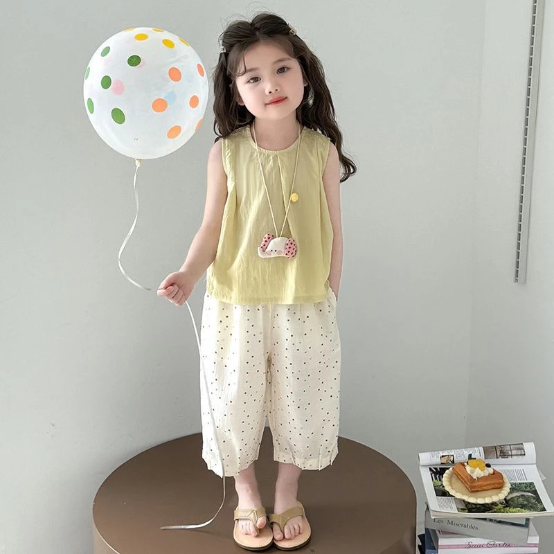 女童夏季套装2025新款洋气宝宝无袖儿童背心波点阔腿裤两件套夏装