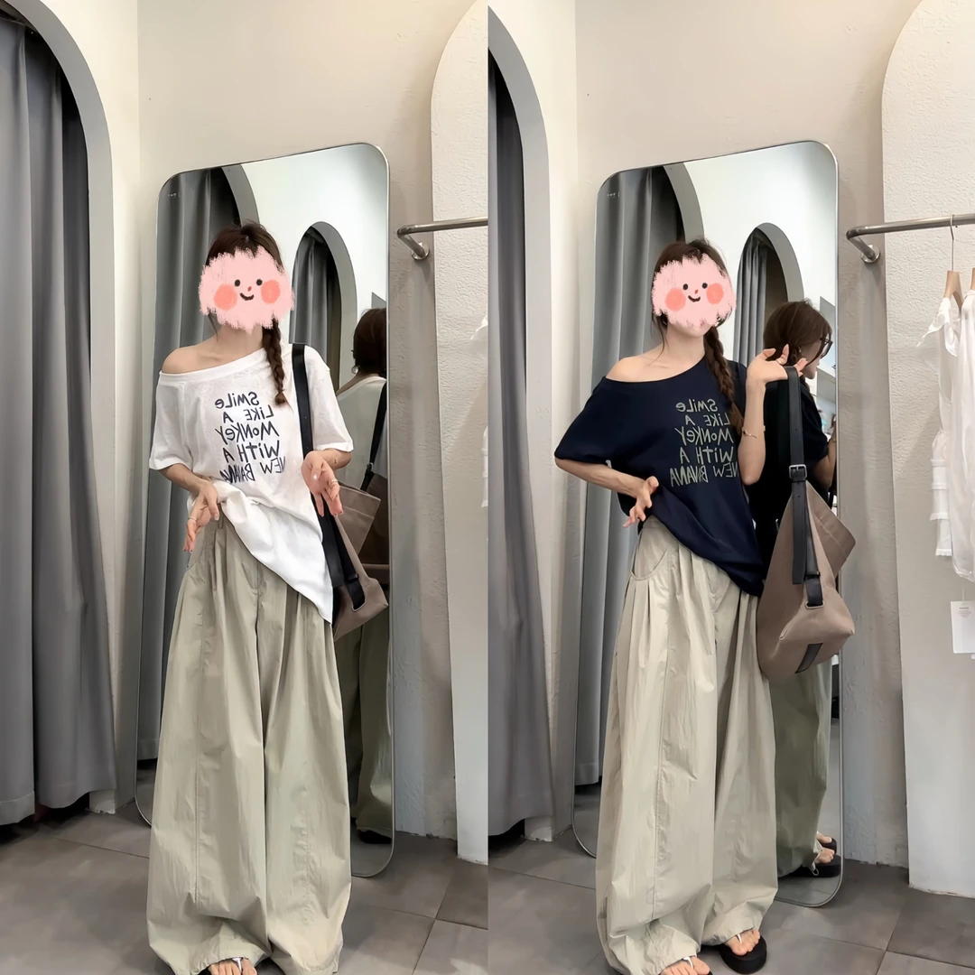 2025夏季韩系慵懒设计感字母印花宽松休闲短袖上衣薄款休闲裤套装