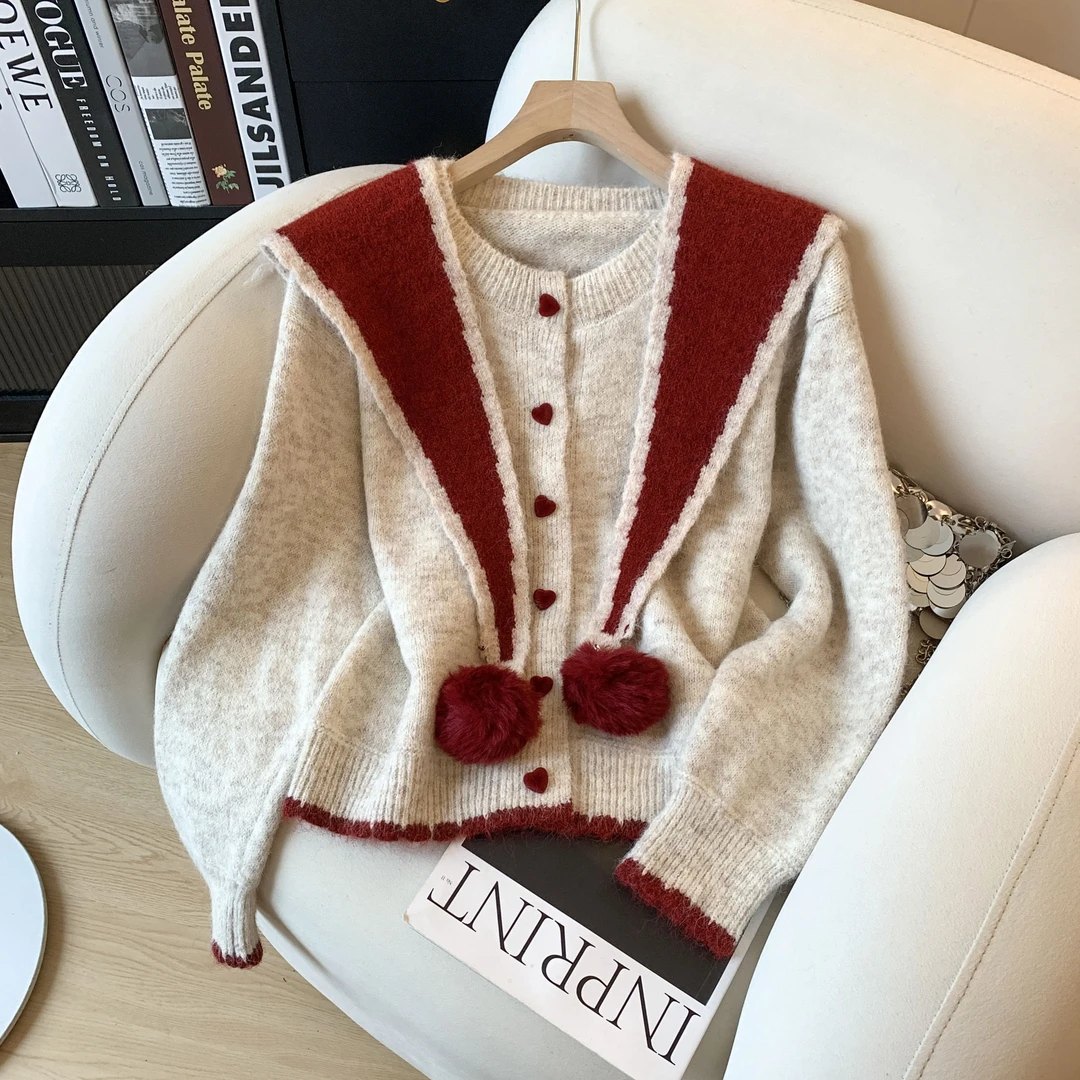 自留款推荐~爱心纽扣长袖针织开衫女秋季新款甜美披肩上衣两件套