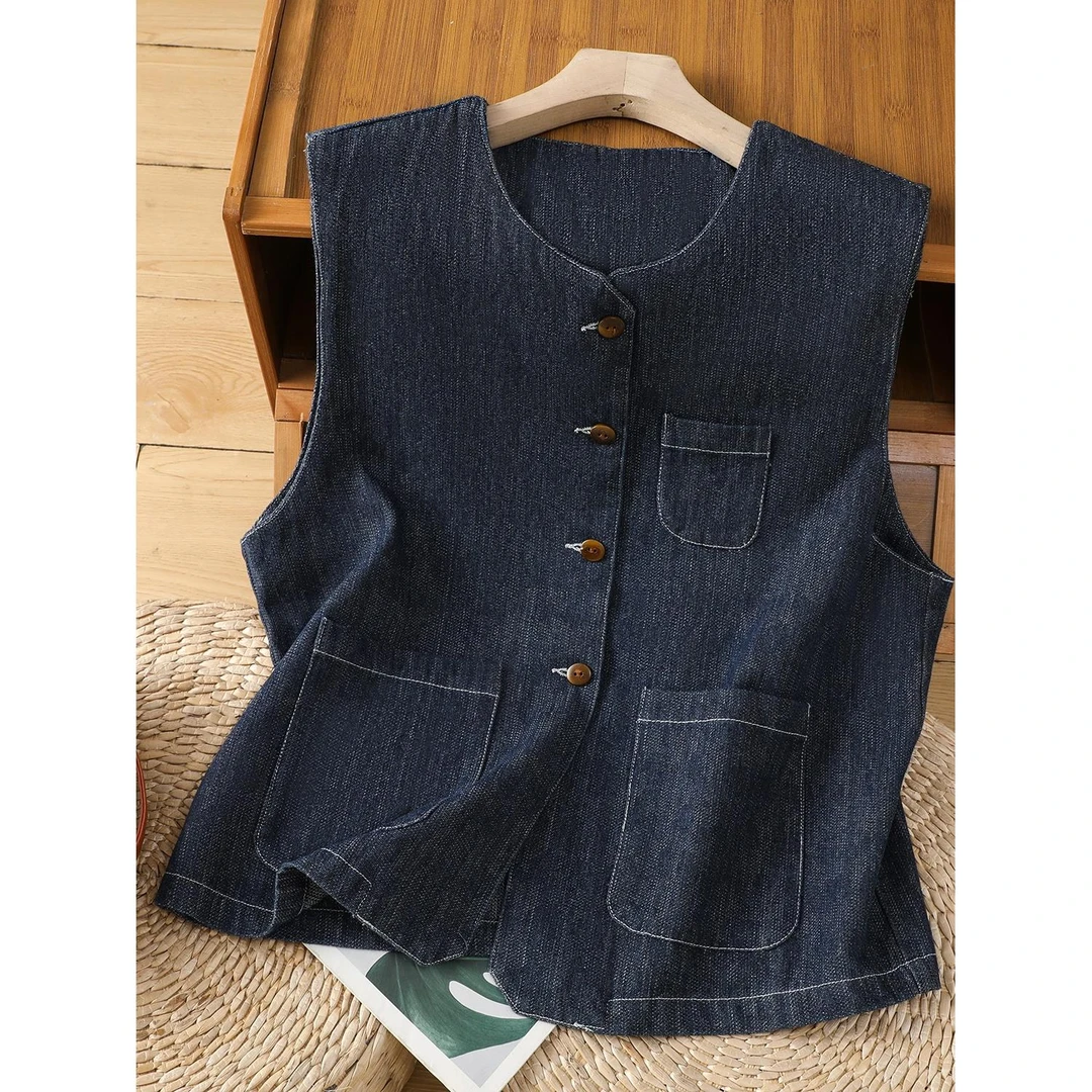 日系复古牛仔马夹外套女士春季外穿简约时尚休闲无袖叠穿坎肩马甲