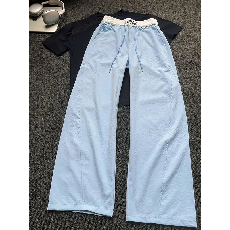 夏季新款冰丝裤子男款设计感拼接弯刀速干裤宽松凉感直筒休闲长裤