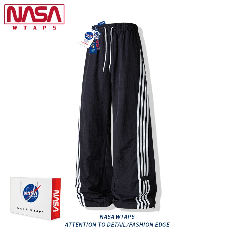 NASA WTAPS薄款条纹冰丝速干长裤男款夏季大码宽松阔腿直筒运动裤