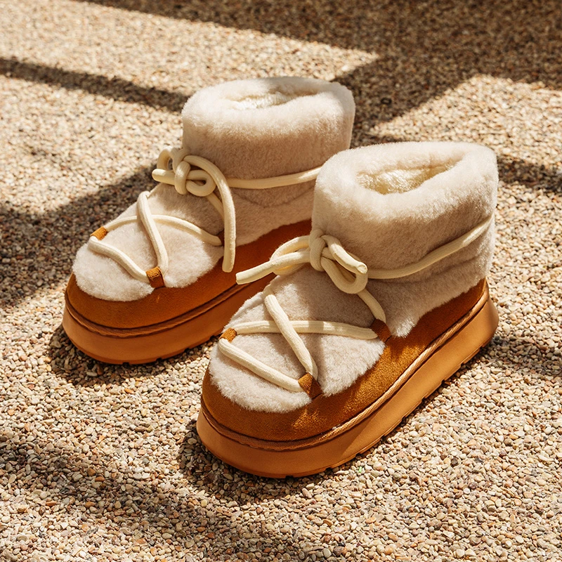 亚束绑带雪地靴绑带高帮舒适棉鞋女冬季保暖加绒加厚外穿厚底短筒