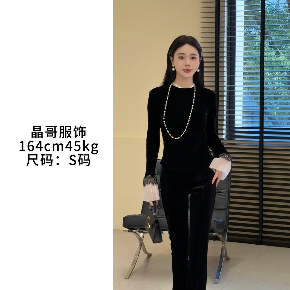 新款【赫本】新中式早秋时尚气质优雅手袖拼接打底衫