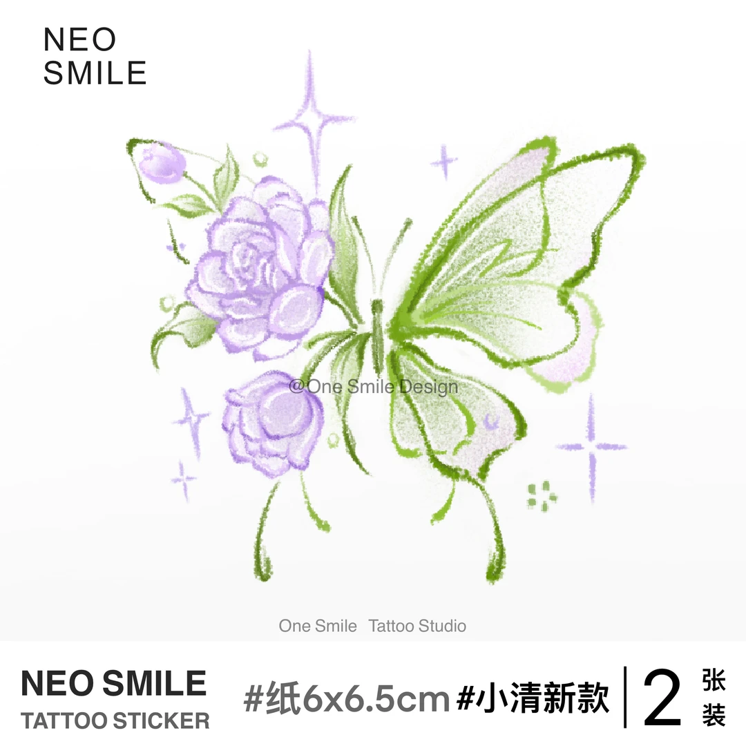 ONESMILE 月季绿蝶 植物花朵纹身贴个性感蝴蝶高级感防水持久女