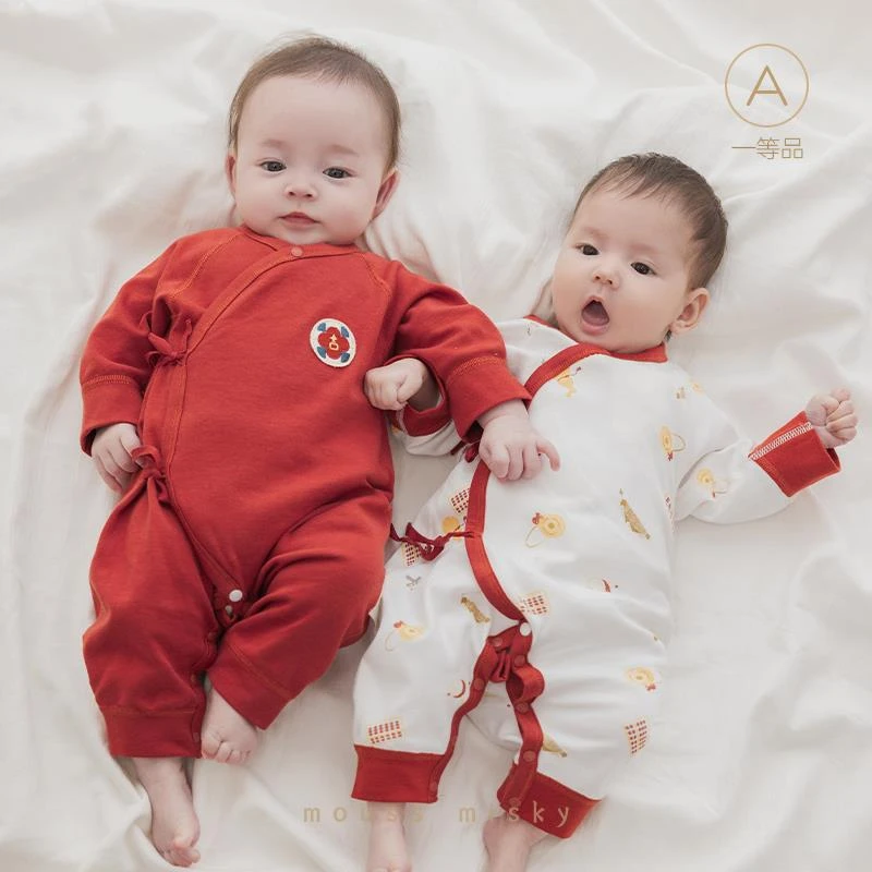 新生儿春秋款连体衣服婴儿满月百天周岁服宝宝纯棉红色春夏季哈衣