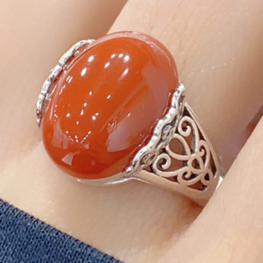 复古蕾丝镂空祥云椭圆南红戒指