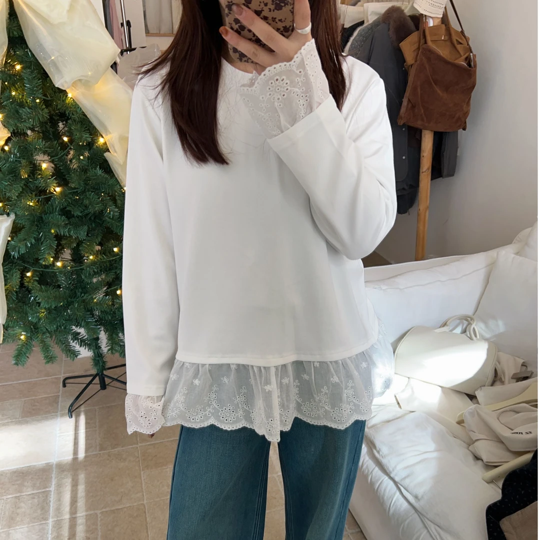 【zzrose加绒花边打底 】长袖宽松圆领拼接蕾丝打底衫厚款秋冬