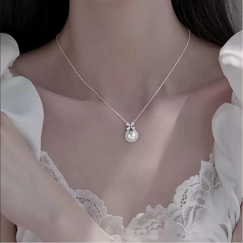 925纯银蝴蝶结珍珠项链女2025新款爆款小众时尚锁骨链精致颈链