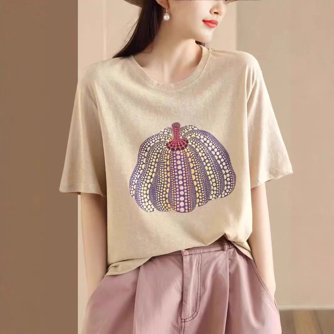 2025夏季新款亚麻短袖T恤复古文艺南瓜造型图案薄款凉感女上衣