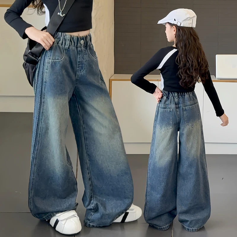 女童牛仔裤春装2025新款中大童宽松直筒阔腿裤儿童春秋款时髦裤子