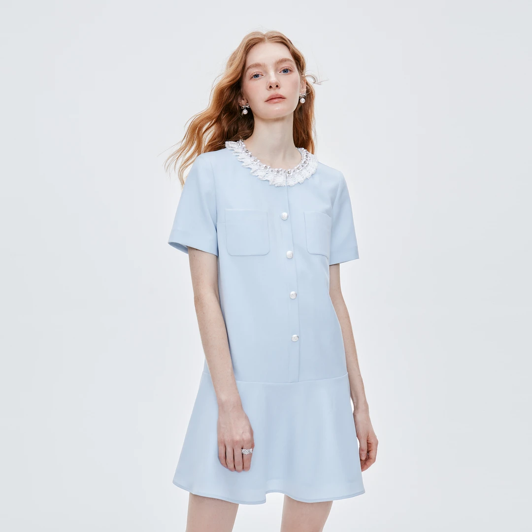 MISS COCOON可可尼小个子蓝色裙子2025夏季新款气质小香风连衣裙
