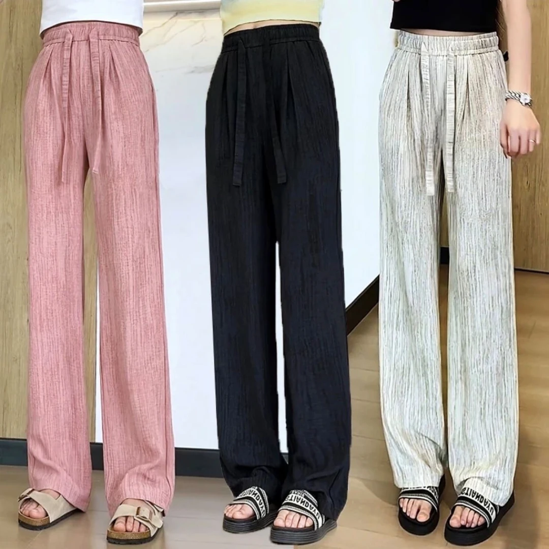 冰丝阔腿裤女夏季2025新款高腰抽绳肌理感慵懒美式百搭拖地裤子