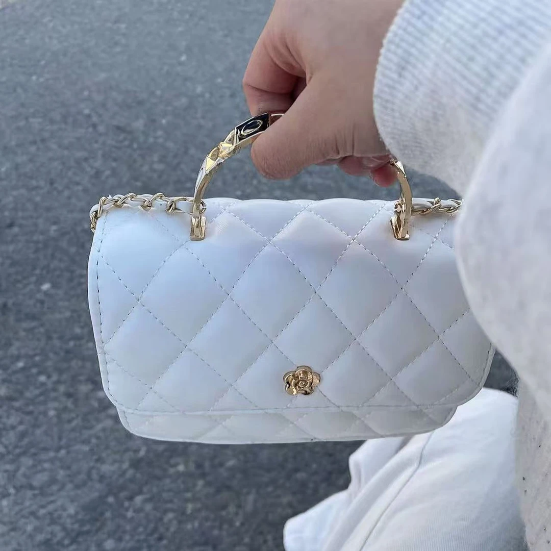 潮流百搭斜挎包时尚小方包磁扣盒子包白色菱格链条包小香风女包包