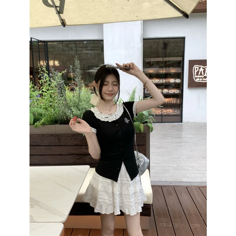 韩系学院风花边波点正肩短袖T恤女夏季修身收腰设计感短款上衣