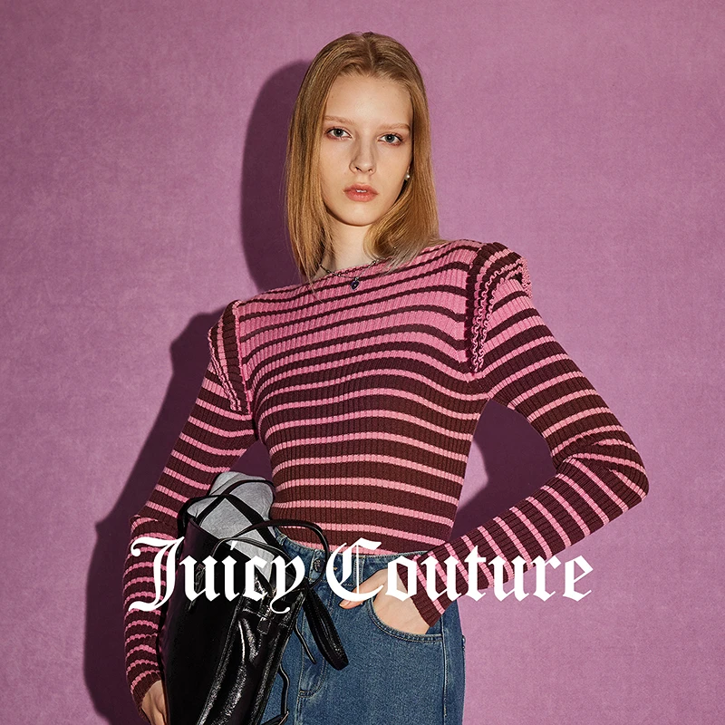 日出有盼Logo金属牌荷叶边条纹洋气女式毛衣春游