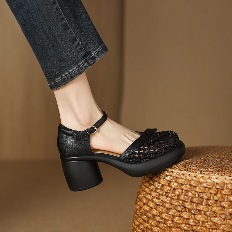 羊皮7厘米 34-40舒适夏季真皮软底复古粗跟包头百搭时尚春夏高跟