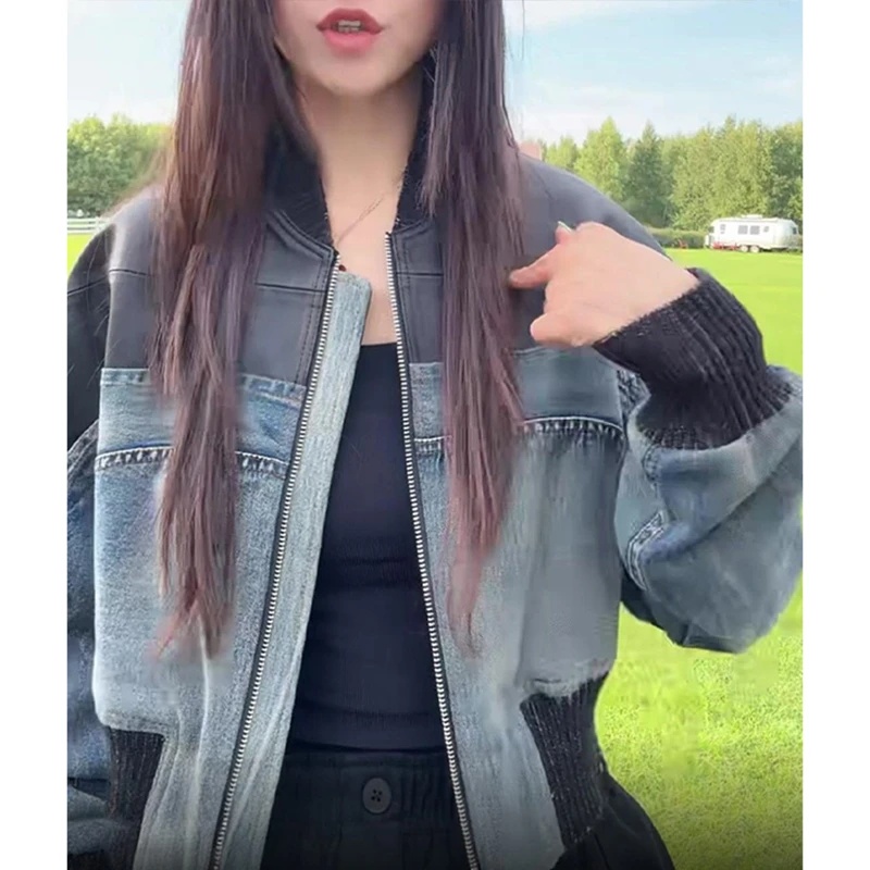美式复古立领短款牛仔外套女2025新款休闲拉链开衫夹克宽松上衣潮