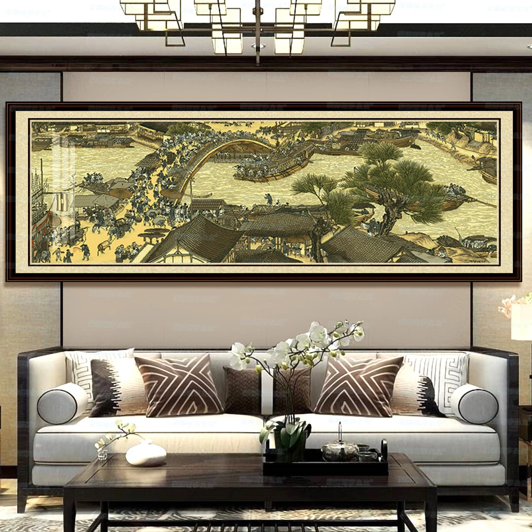 蒙娜丽莎皇室十字绣挂画清明版拱桥段中式画客厅收藏手工线绣