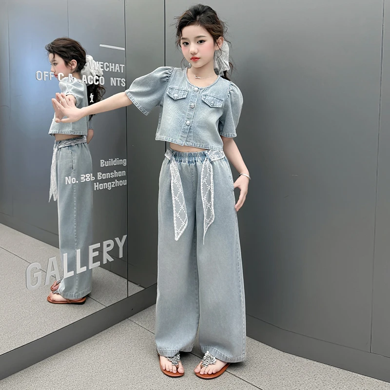 女童夏装薄款牛仔套装2025新款中大童洋气短袖上衣牛仔阔腿裤两件