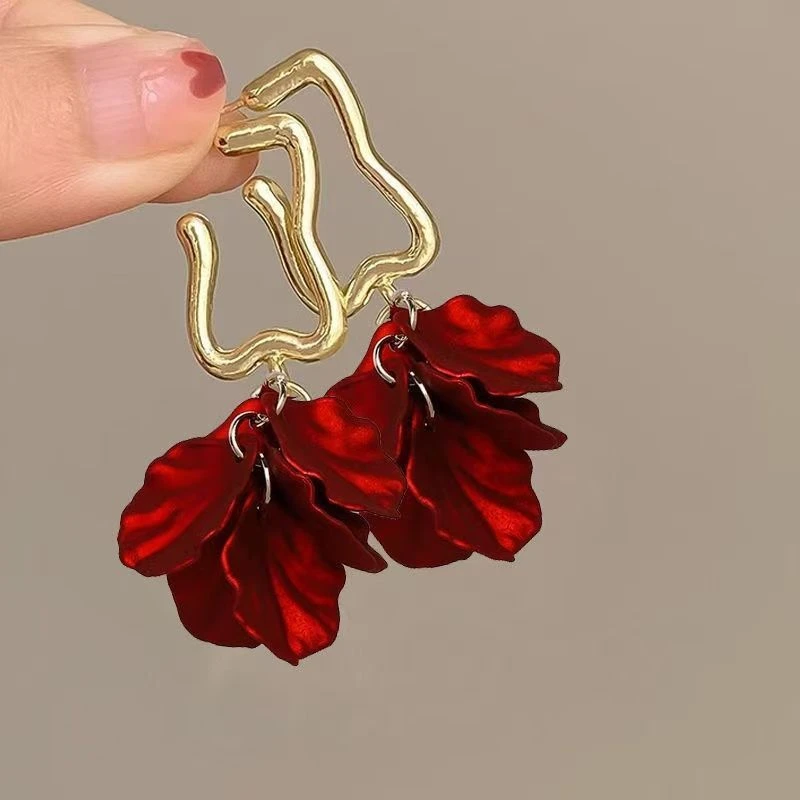 耳钉气质红色新款耳环复古耳坠爆款花瓣玫瑰耳饰