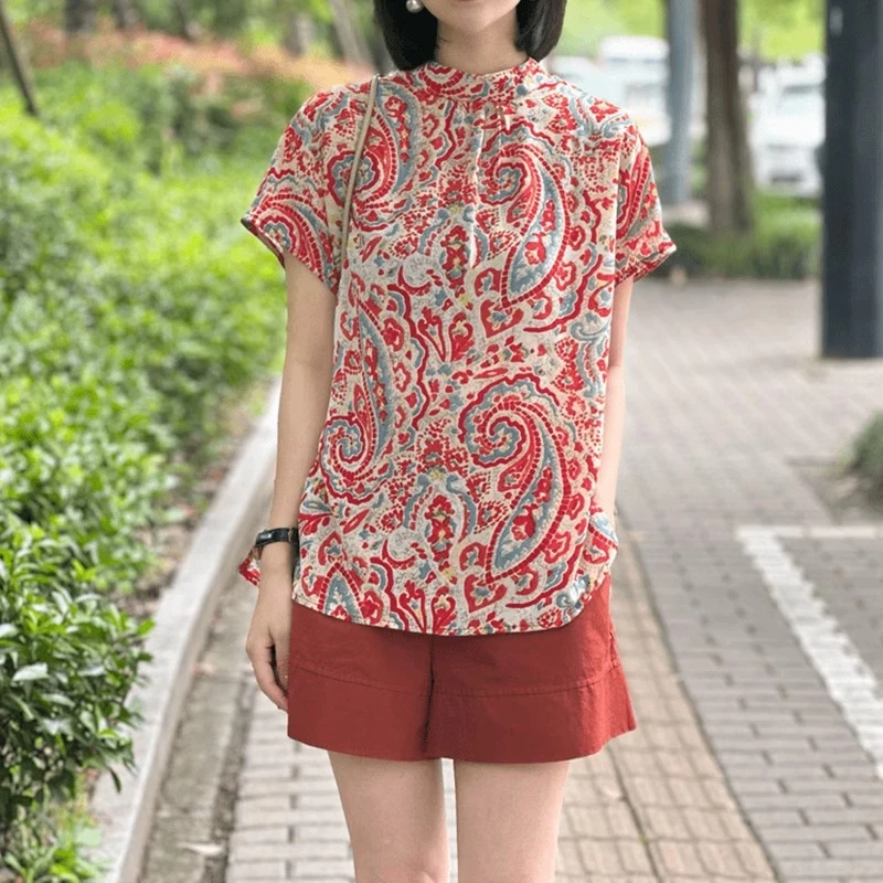 新中式立领印花短袖衬衣女2025新款夏季单排扣设计感衬衫薄款上衣