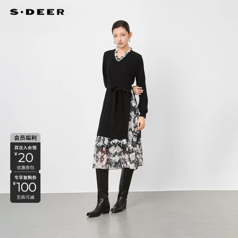 S·DEER圣迪奥秋冬蕾丝优雅气质轻奢时尚女士黑色连衣裙S244Z1285