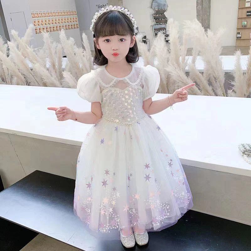 艾莎女童2025新款时尚洋气宝宝泡泡袖蓬蓬纱连衣裙爱莎夏装公主裙