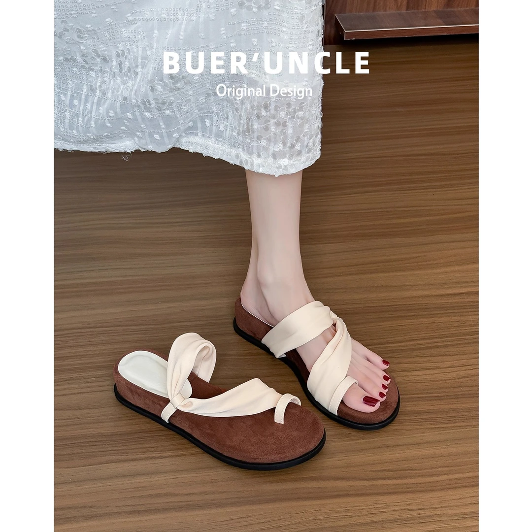 羊皮~法式圆头套趾凉拖鞋女夏外穿气质配裙子厚底一字带两穿凉鞋